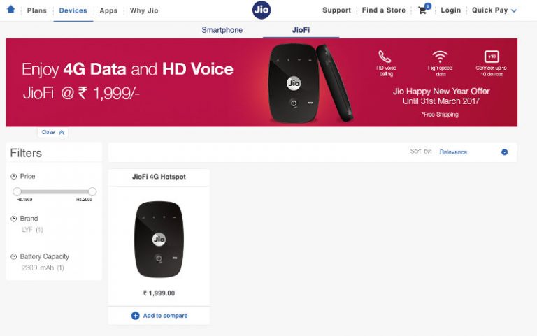 Reliance Jio launched online store for smartphones and accessories