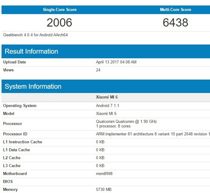 Xiaomi Mi6 Now Spotted On Geekbench With 6GB of RAM & More
