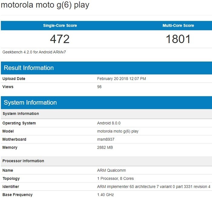 Moto G6 Play Pops-up On Geekbench Moto G6 Play Pops-up On Geekbench