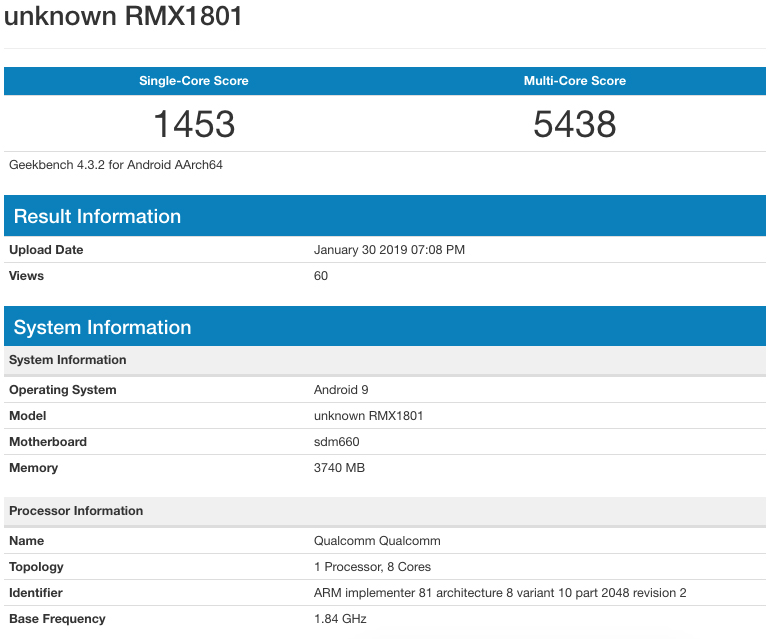 RealMe 2 Pro Running Android Pie Spotted On Geekbench