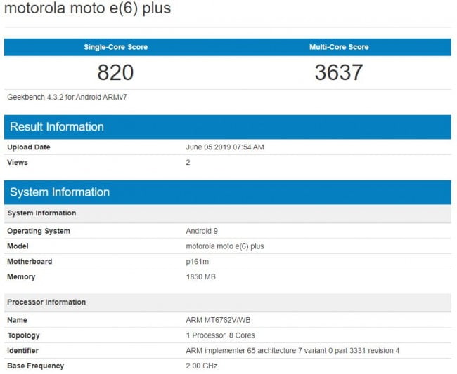 Moto E6 Plus Visits Geekbench